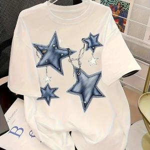 婦人用半袖Tシャツ、高級トレンド星プリントラウンドネック、ゆったり、純綿カジュアルトップス、ラウンドネック、ショルダーベルト、ゆったりシルエット、通気性、肩落ちデザインプリントTシャツ夏のゆったりタイプ