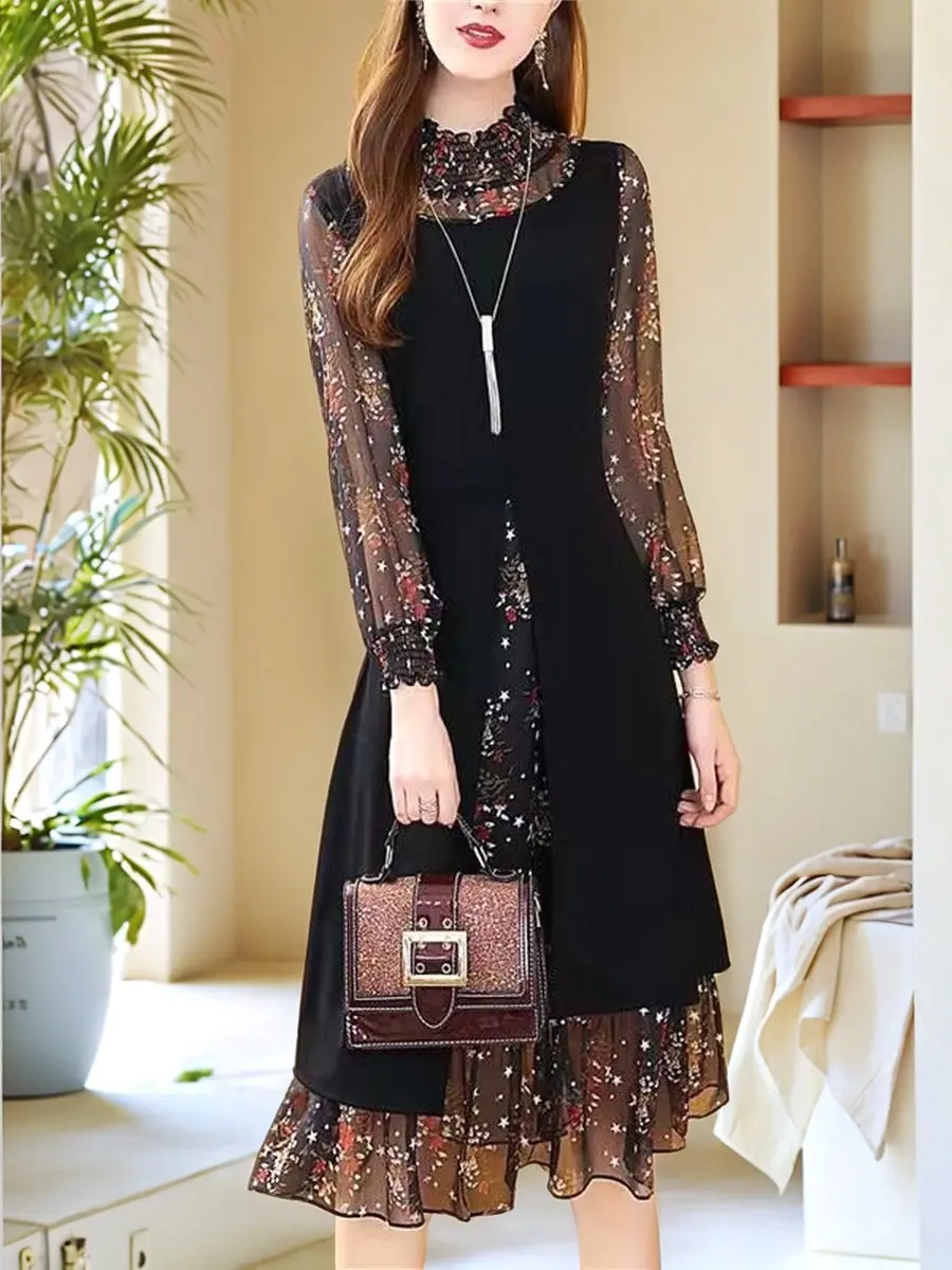 Dress Korean Style Hitam Terbaru Motif Long Tunik Wanita Premium Casual A-Line Slim-fitting Floral Street Panjang Mini Gaun - Midi