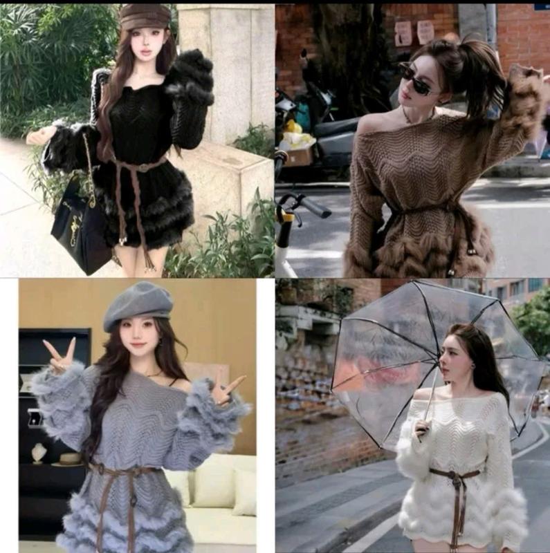   LT002  Áo len trễ vai viền lông dáng dài giấu quần  len sóng QCCC kèm đai 