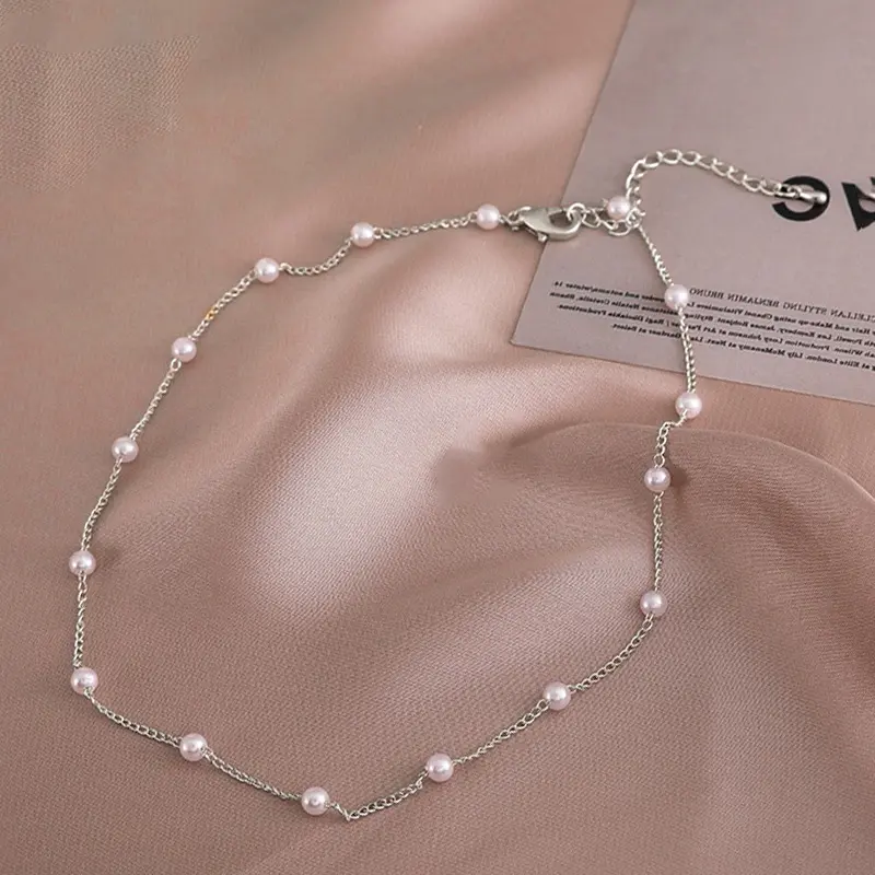 LEERE - Kalung Mutiara Korea Pendek Rantai Silver Wanita Sederhana Serbguna ​Niche Clavicle Rantai Hadiah Aksesoris Fashion 7