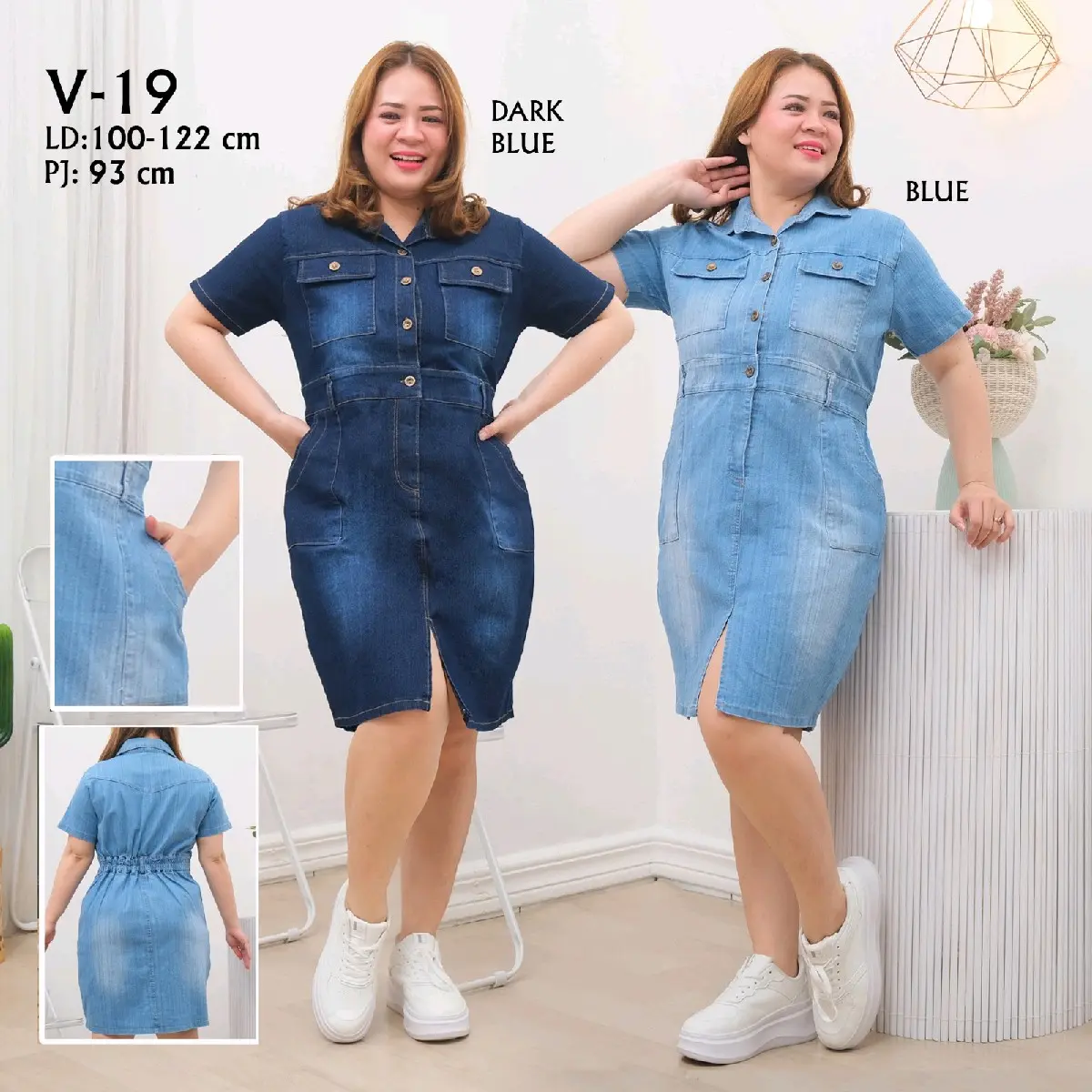 Dress Jeans Strech Wanita Big Size  Kancing Aktif Bisa Busui V-19