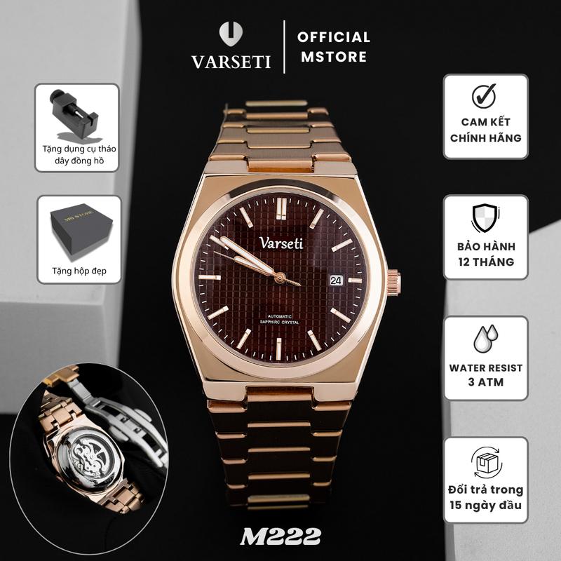 ĐÌNH TRƯỞNG M222 – Đồng hồ cơ Varseti Automatic nam dây thép vàng champagne mặt nâu chocolate vân waffle sang trọng kính Sapphire lịch ngày 4h30 – Thiết kế dáng thể thao lịch lãm chống nước 3ATM hộp nhung