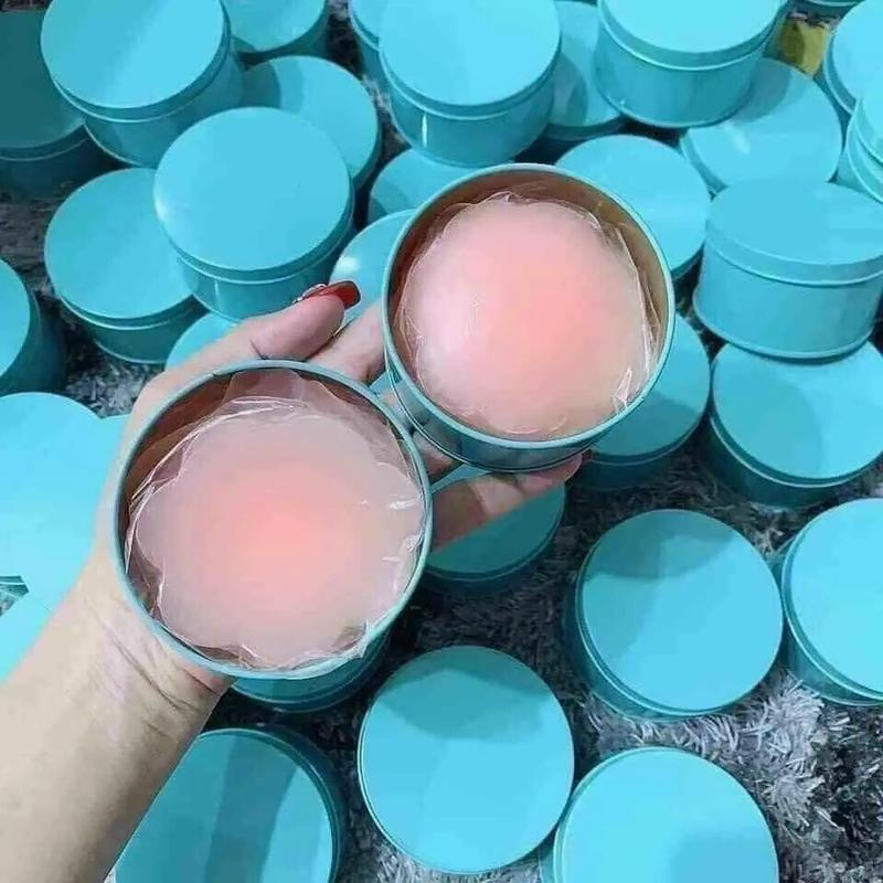 Hộp 10 miếng dán nhũ hoa sillicon vòng tròn màu hồng hộp xanh