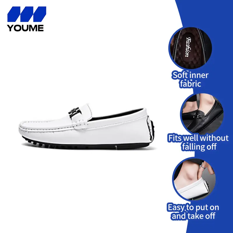 YOUME four seasons white shoes new men's shoes fashion toe shoes casual leather shoes soft sole comfortable slip-on lazy leather shoes