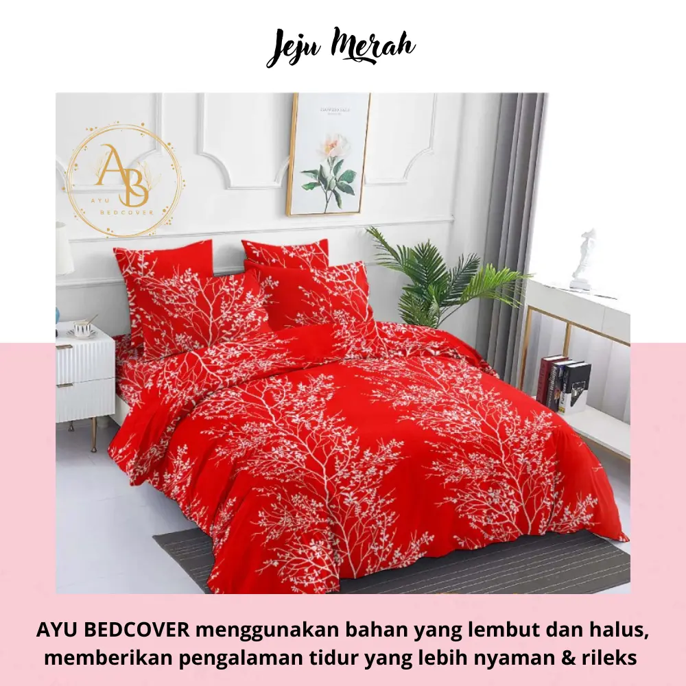 Bed Cover Set Motif Akar Ranting Jeju Merah 90x200 - 200x200 - Ayu Bedcover