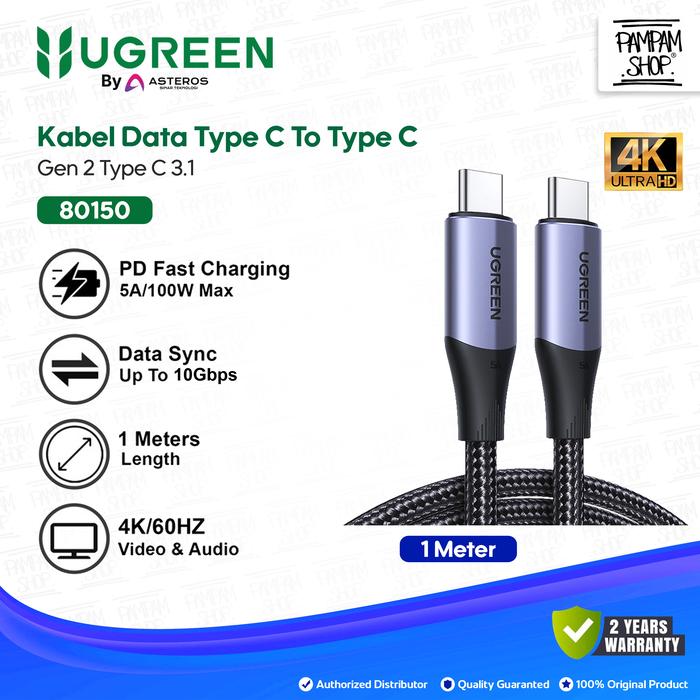 Gambar UGREEN Kabel Data TYPE C to TYPE C 3.1 Gen 2 100W 5A 1M 1 Meter Super Fast Charging PD Power Delivery Nylon Braided Cable 4K Video Monitor Display Tipe C 100 Watt Original Ori dari Pampam Shop Kab. Tangerang Tokopedia