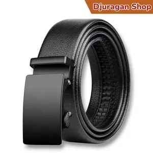 Ikat Pinggang Pria Wanita Rel Otomatis Kulit Sintetis Antigores Sabuk Kepala Besi Hitam Polos Elegan