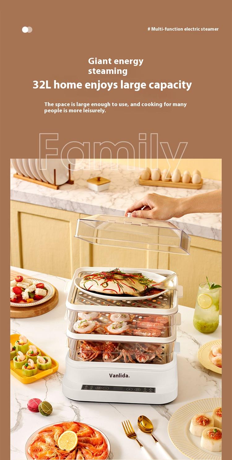 Product Introduction of The bottom of the multi-layer composite pot is quickly and evenly heated, steamed fish and vegetables are steamed out of a pot, and the lid is intelligent and timed to prevent dry burning. Protection 3