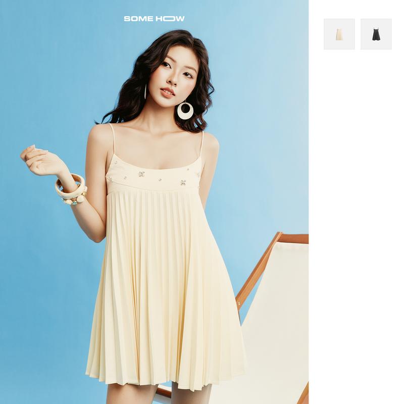 Đầm Ngắn 2 Dây Babydoll Dập Ly Aria Top, Chất Liệu Bố Xước, WDN171, SOMEHOW STORE