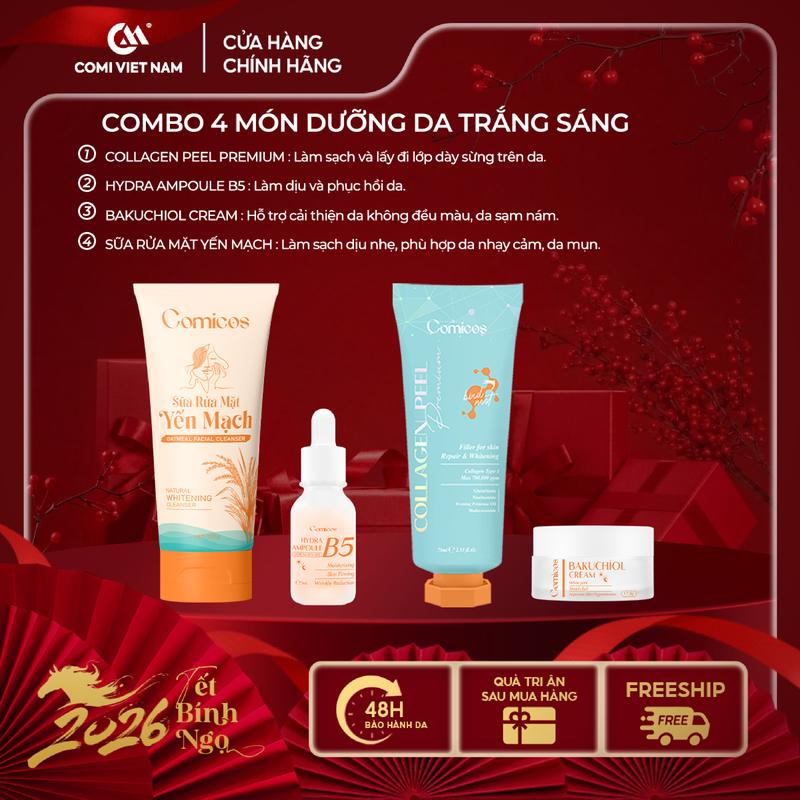 COMBO FACE MUA 1 ĐƯỢC 4 Peel Collagen 4K Comicos 75ml Serum cấp nước B5 HA 5ml Kem Face Huyết Yến Bakuchiol 5ml Sữa Rửa Mặt Yến Mạch 100ml sáng da - Comicos Skincare Peel Da Son