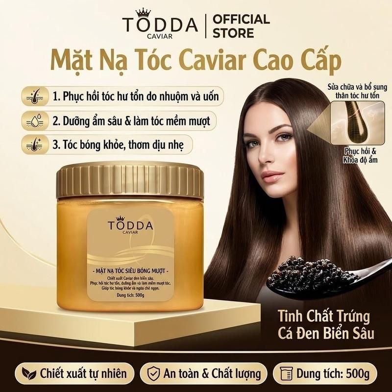 Mặt nạ tóc TODDA Caviar chứa keratin tươi và các axit amin cao cấp giúp phục hồi tóc, mang lại mái tóc mềm mại và mượt mà. Phù hợp với mọi loại tóc, kể cả tóc xoăn; giúp ngăn ngừa gãy rụng và giữ màu tóc. #MặtNạTócThảoDược #AxitAmin