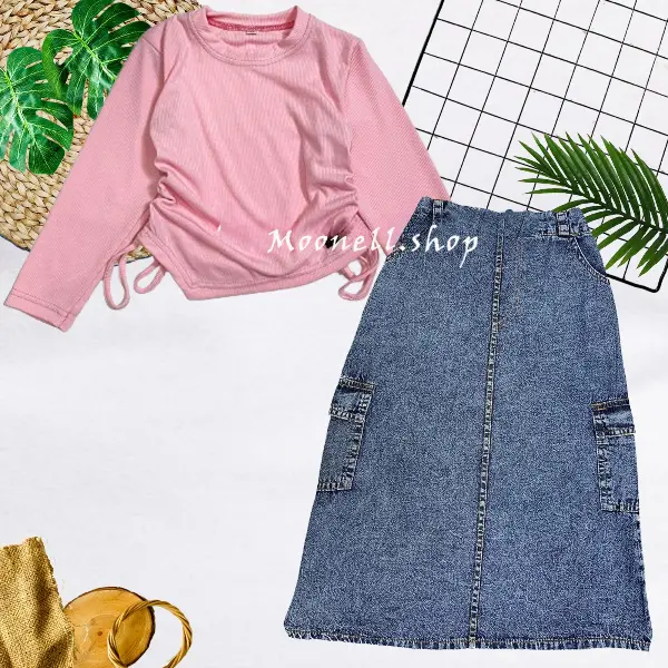 SETELAN JEANS ANAK PEREMPUAN/ ROK CARGO JEANS PANJANG DAN KAOS CROPTOP SERUT MOTIF SABLON ANAK Usia 2-12 Tahun 5