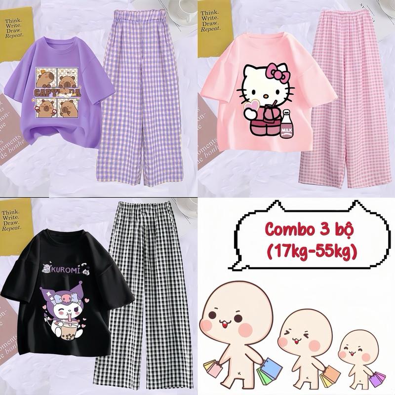 14-55Kg Combo 3 bộ đồ áo phông Capy Kurumi xinh xắn phối quần kẻ đũi mềm có túi quần chất đẹp mát cho bé gái