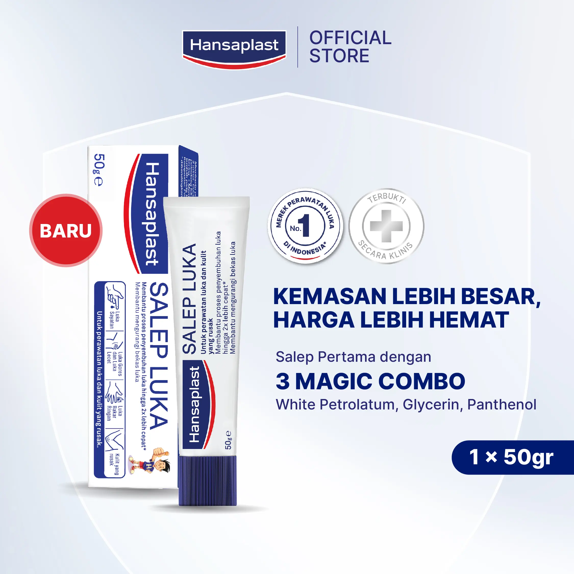 HANSAPLAST Salep Luka 50g P3K - KEMASAN 2.5X LEBIH BESAR Merawat luka & kulit yang rusak, mengurangi risiko bekas luka - Teruji dermatologi wound healing ointment untuk luka bakar ringan ruam popok bayi sayat gores lecet potong parut berdarah perih
