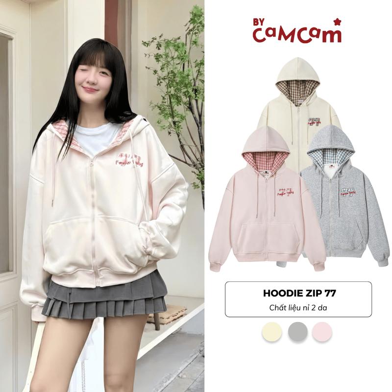  Áo Hoodie Zip Phối Caro Bycamcam Thêu 77 Foreveryoung Form Rộng Nam Nữ Nỉ 2 Da AHOD262 