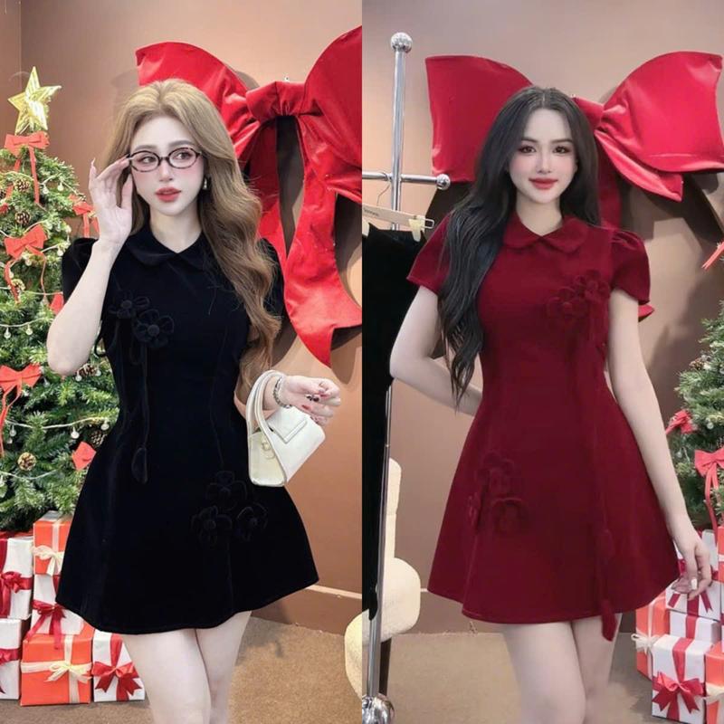 Đầm thiết kế CRAZYTEEN S6646 dáng chữ a tay ngắn đính hoa đơn giản để đi chơi Đầm Quần bảo hộ đầm tiệc sang chảnh