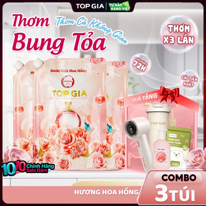 TẶNG 4 QUÀ XỊN 0Đ Combo 3 Túi Nước giặt Hoa Hồng TOPGIA 1L Tặng 1 Rổ Quà Siêu Khủng - Nước giặt xả quần áo ngừa khuẩn hỗ trợ làm sạch an toàn cho bé và lưu hương dài lâu 1L nth