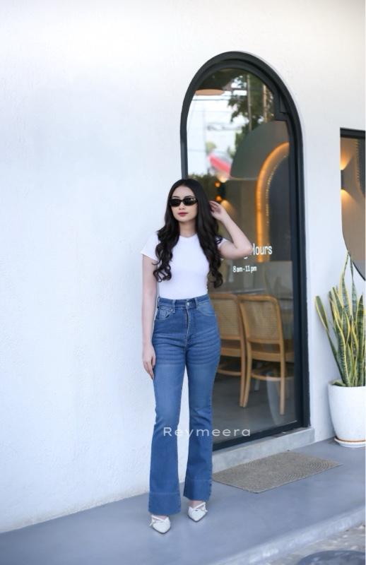 Jennie Cutbray Jeans Highwaist Lipatan Kaki Besar Stretch Wanita