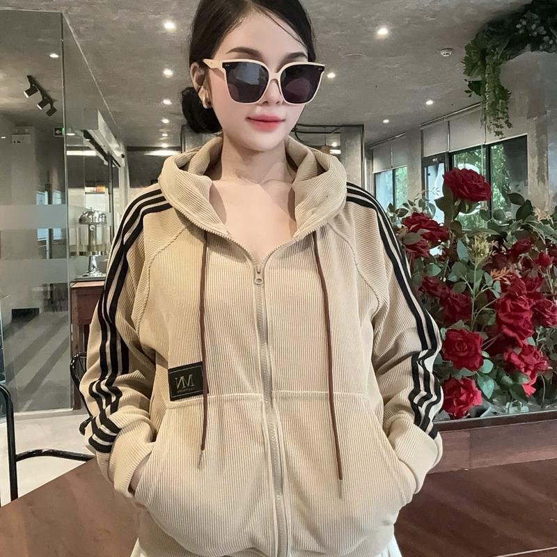 Bigsize 60kg-72kg Áo Khoác Nữ Có Nón Nhung Tăm Len Viền Chạy Sọc 5 Túi Top Women Jacket Chất Liệu Dày Dặn Thoải Mái Tiện Lợi