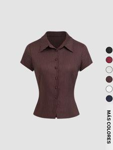 Camisa con botones con estampado liso / a rayas para mujer, blusa informal con cuello de manga corta ajustada para uso diario, ropa de mujer para todas las estaciones