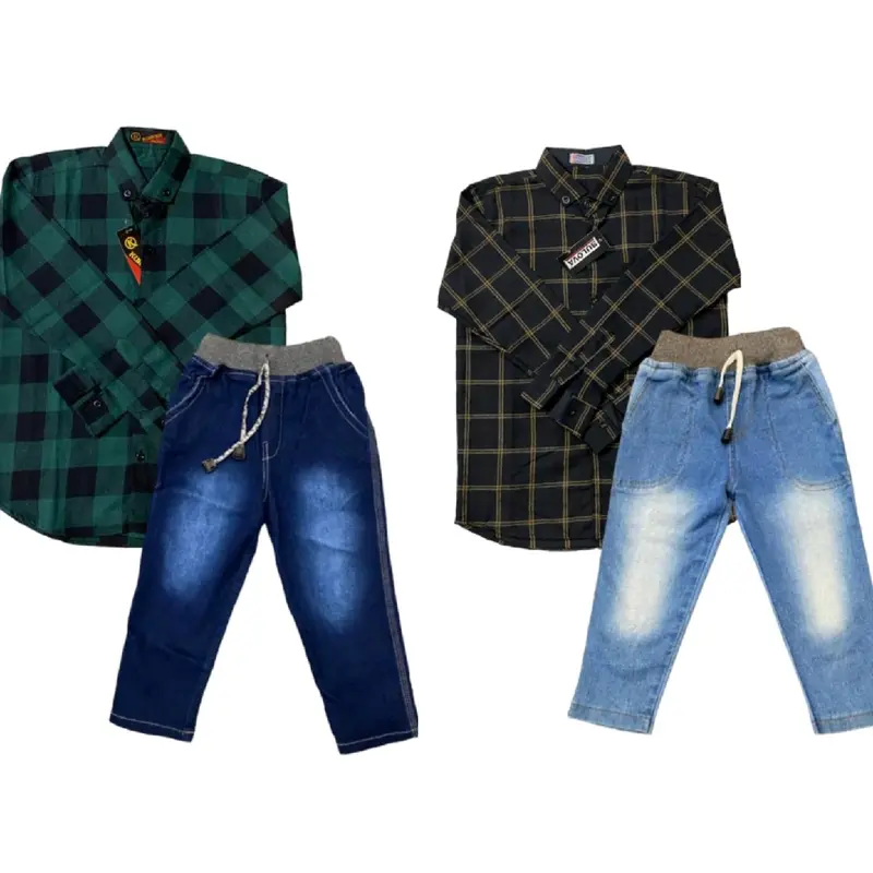 setelan anak kemeja katun flanel distro premium quality dan celana jeans biru muda usia 1-10 tahun 1