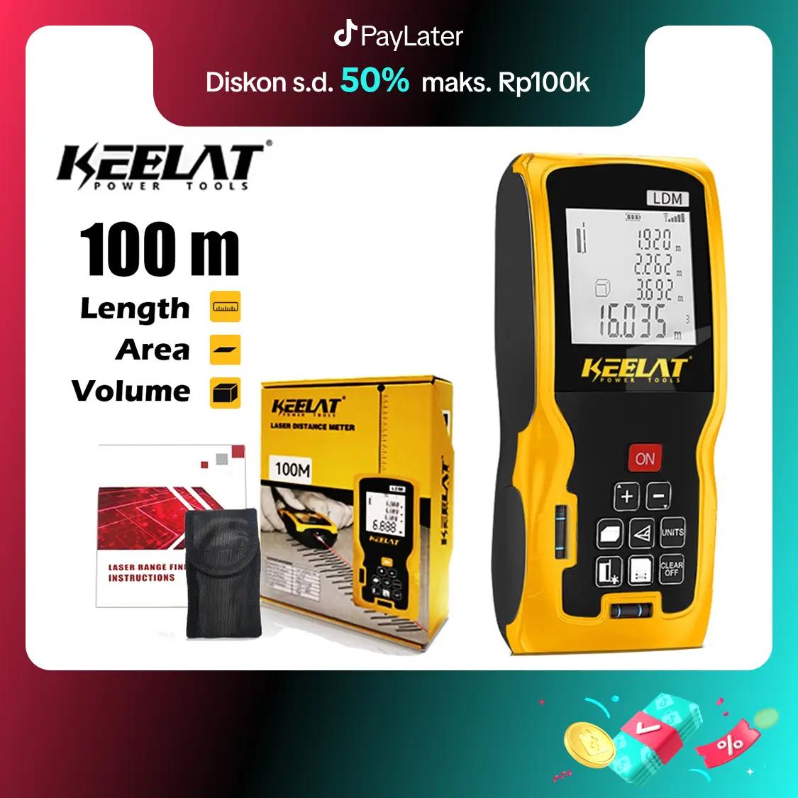【KEELAT】 100M Pengintai Laser Digital Pengukur Jarak Laser Inframerah Pengukur Jarak Laser Elektronik Diastimeter LCD Digital