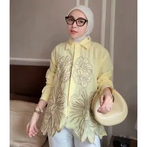 Lauren Blouse Bordir Kemeja Linen Motif Bunga Premium dengan Kancing Depan dan Lengan Kancing Kerah Elegan mewah