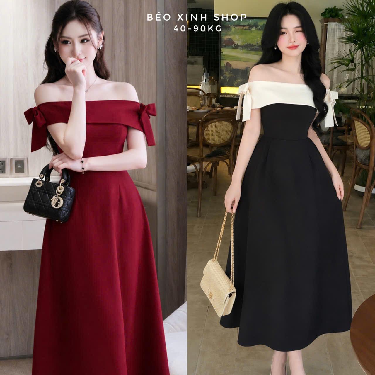 Đầm nữ trễ vai phối nơ tay dáng xòe, váy dự tiệc đi chơi chất tuyết mưa bigsize 40-90kg - A.1841