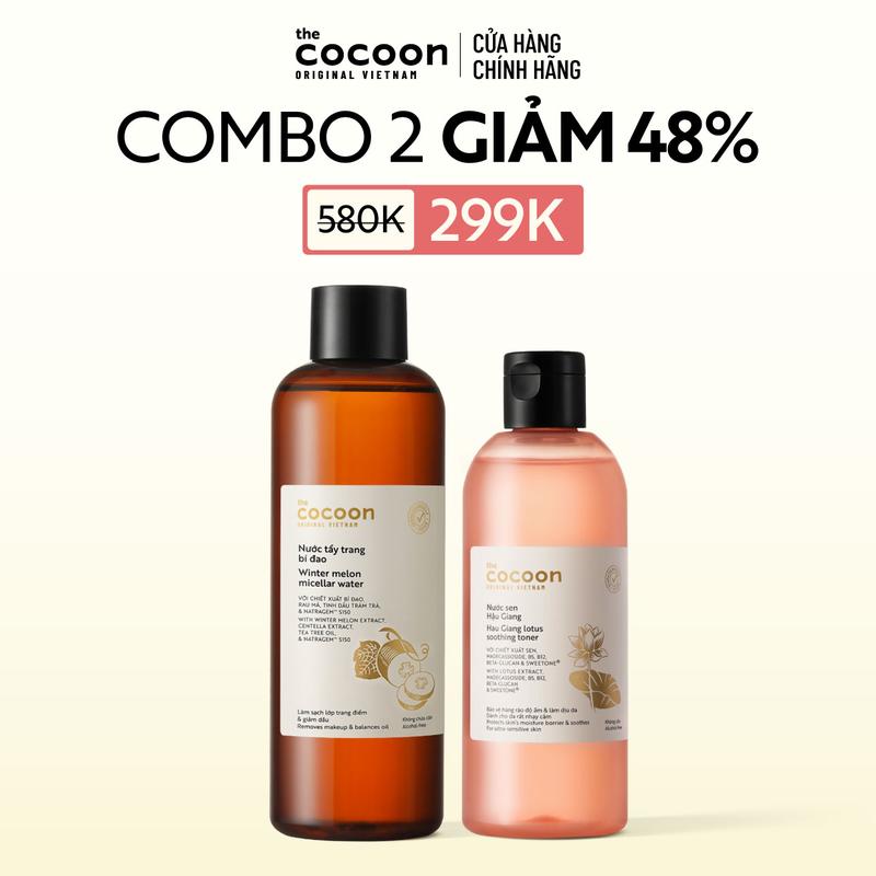   KOL  COMBO 1 Bigsize - Nước sen Hậu Giang  toner  Cocoon giúp phục hồi đa nhiệm cho da rất nhạy cảm 310ml + 1 Bigsize Nước tẩy trang bí đao 500ml 