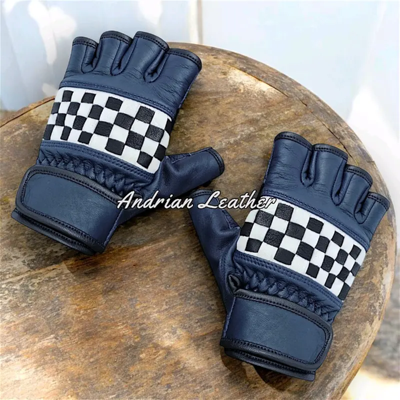 Sarung Tangan Motor Checkerboard Kulit Asli Retro klasik Pendek Setengah Jari Corak Catur warna untuk pria wanita 7