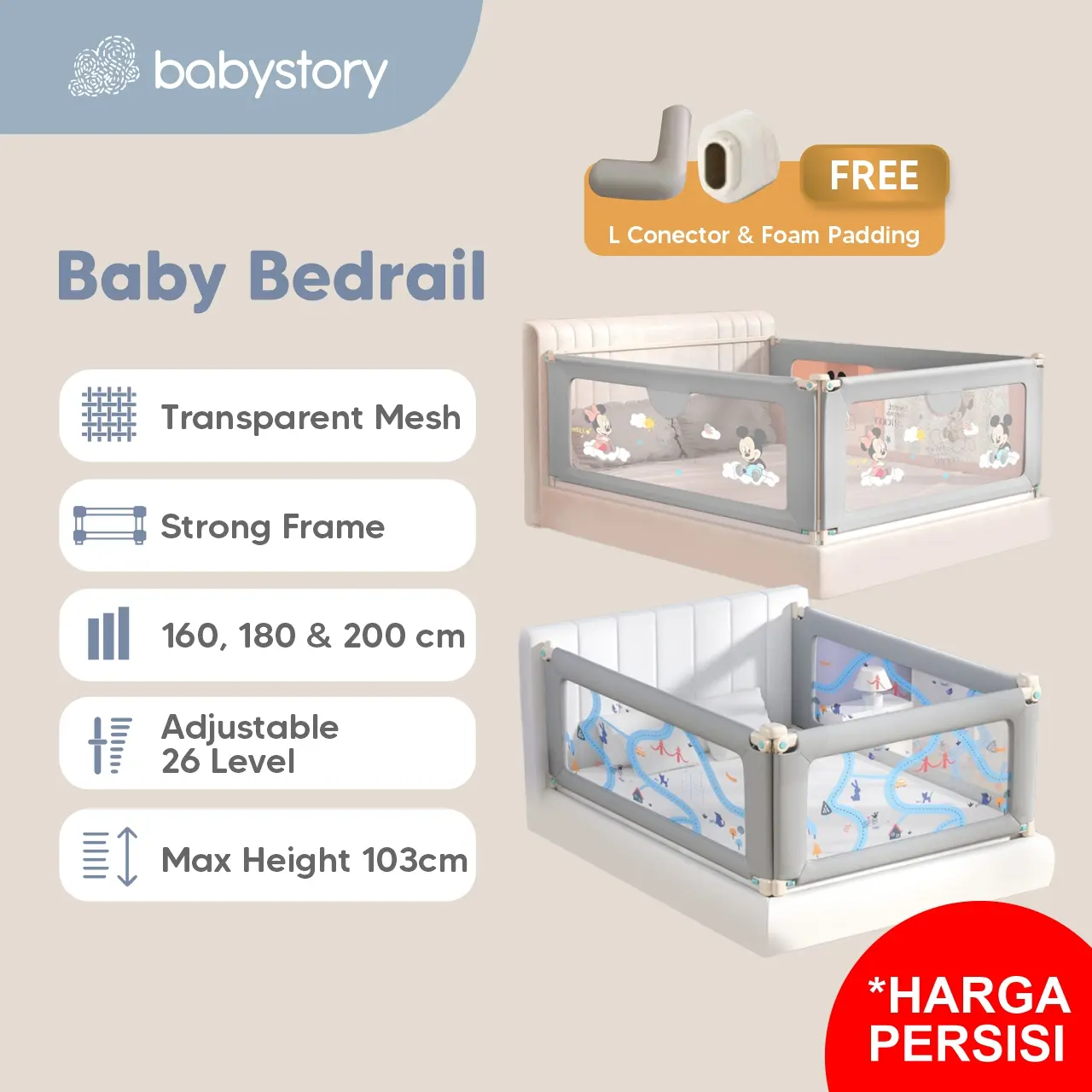 Bedrail Baby Ukuran 160 180 200 cm Pagar Pengaman Kasur Pelindung Bayi Besi Kuat dan Kokoh