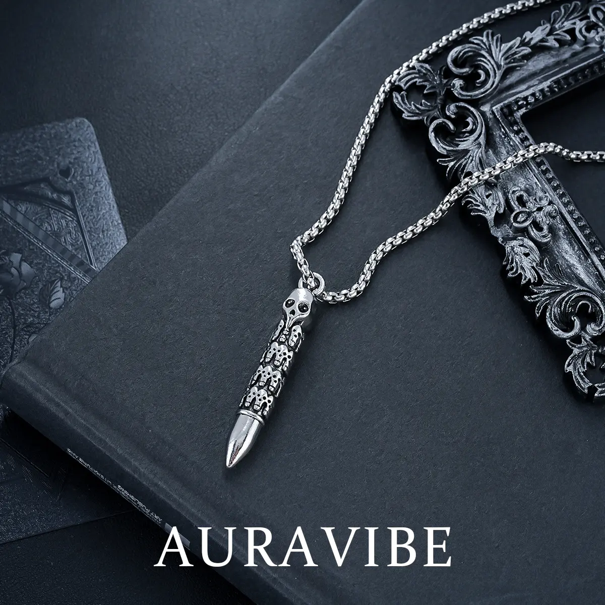 AURA VIBE-Kalung Liontin Salib Tengkorak Retro Mutiara Reflektif Baja Titanium Anti Karat untuk Wanita Fashion Impor