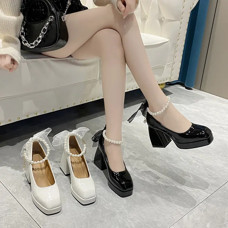 Sepatu Chunky High Heels Tahu Tinggi 9cm Wanita Tali Kekinian Import Pesta Mewah Murah Premium Kondangan Hitam Putih Terbaru Korea Elegan Glossy Wedding Big Size Ankle Strap Mary Jane Shoes - Ukuran 35 36 37 38 39 40 41 42 8