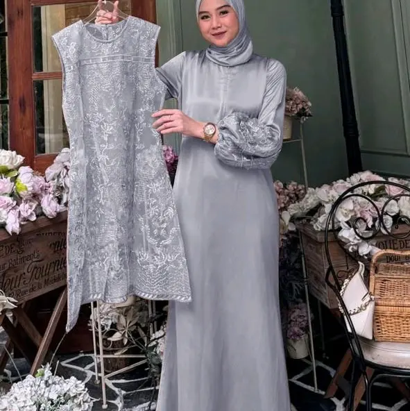 Gamis Farah / Maxi brukat / Muslim Wanita  Tile  Mutiara  Dress   Karet  Pesta  Mewah  Dalaman  Fit UK L DAN XL Kondangan Coklat Brokat Gaun 2