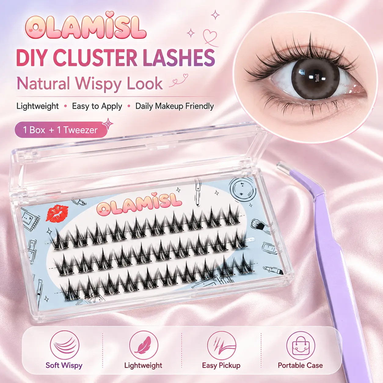 OLAMISL Eyelash Cluster Gratis Tweezer Profesional Hasil Wispy Alami Ringan Nyaman Dipakai Seharian Praktis Dibawa Travelling Original Packing Gudang Jakarta