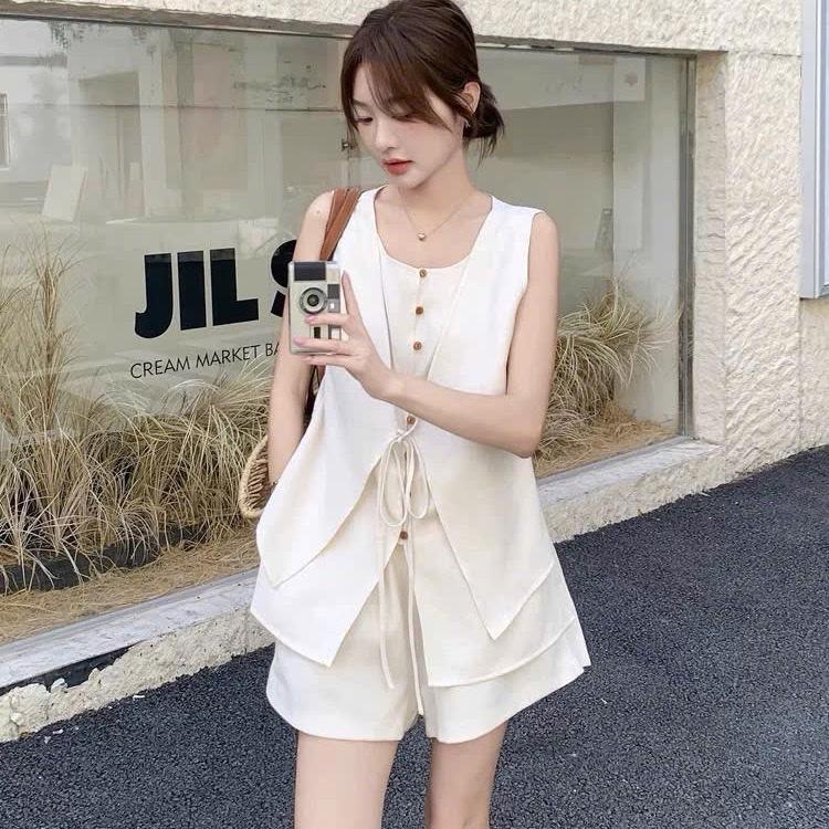 SET ÁO BA LỖ CHẤT KAKI 2 DA THIẾT KẾ  HAI TẦNG CỘT DÂY KÈM QUẦN ĐÙi có túi sang chảnh, thời trang nữ - Hân Linh shop