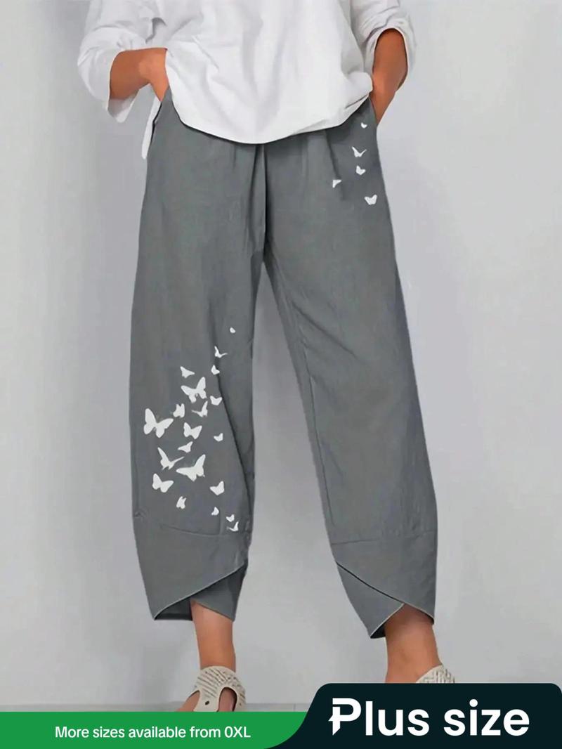 Product Introduction of 【Plus Size】 Butterfly Print Pants, Casual Comfy Trousers for Daily Holiday Vacation Wear, Women's Bottoms for Summer 1