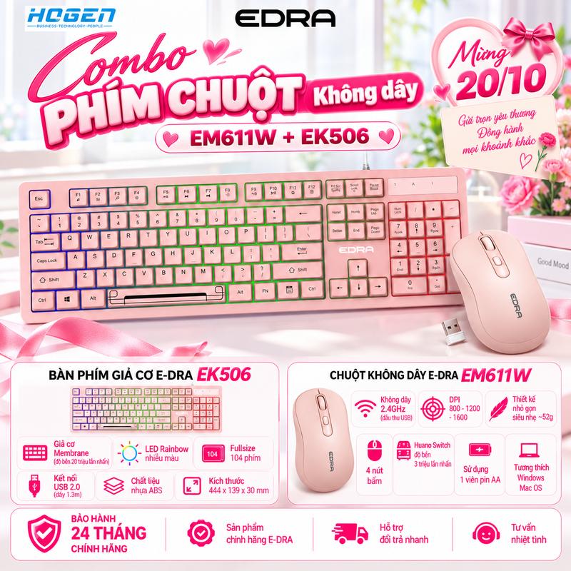 Combo Bàn Phím EDRA EK506 Có dây + Chuột Không Dây EDRA EM611W | Bàn Phím 104 Phím, Chuột 1600 DPI, Kết Nối 2.4GHz