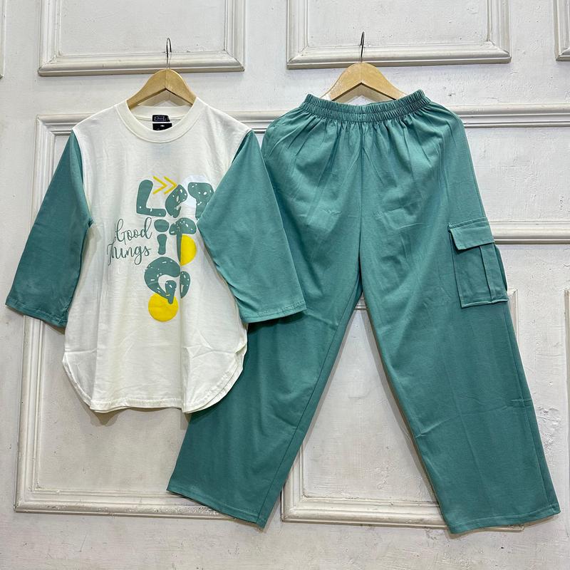 Setcel Kaos Dewasa combet set, Setelan CARGO WANITA , setcel wanita Combed kekinian Atasan Celana Karet pinggang Panjang Kulot 6