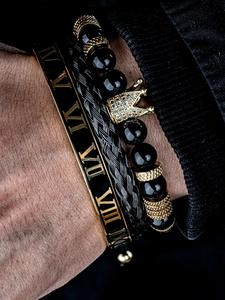 Set de pulseras para hombre, Pulsera de cuentas con decoración de corona de diamantes de imitación, Pulsera trenzada y Pulsera abierta con números romanos vintage, Bisutería moderna y elegante para regalo