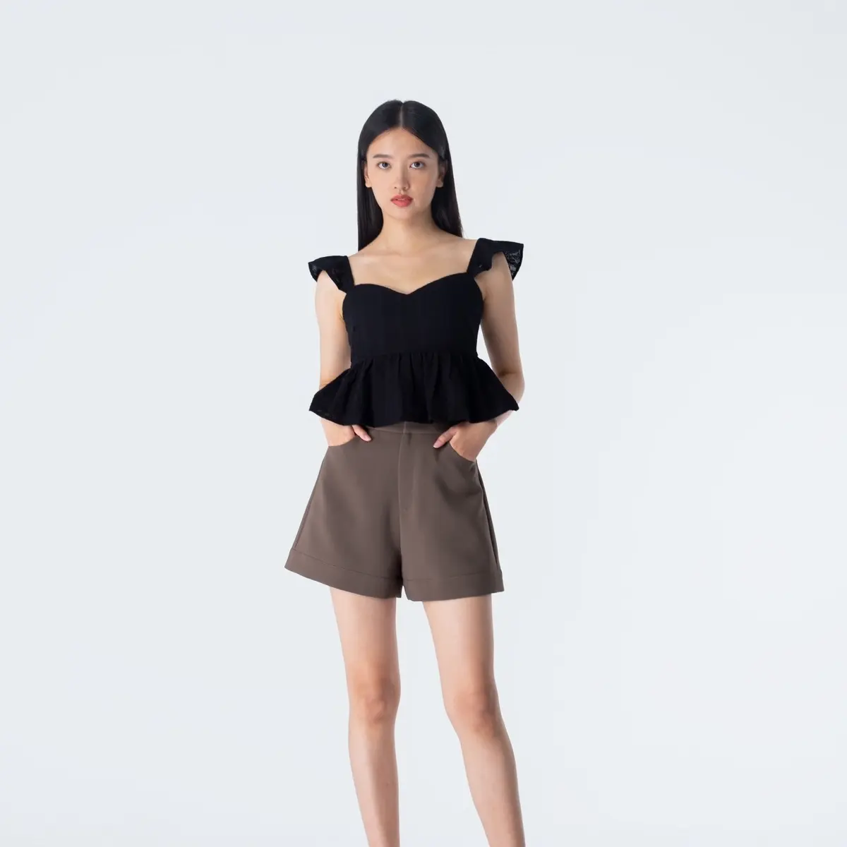 Sage Eyelet Flutter Sleeves Top - Black