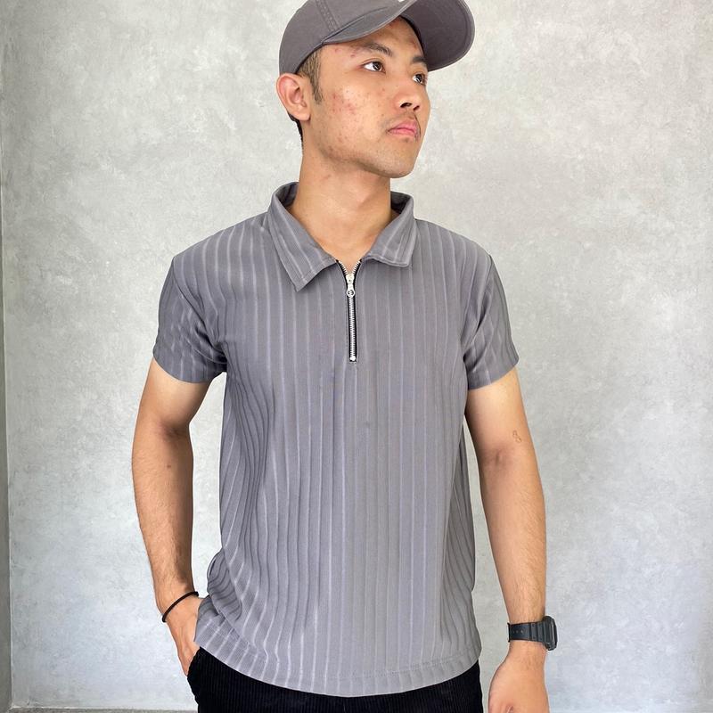 Kaos polo shirt zipper pria Korean Knit baju Polo Shirt Pria Salur Besar resleting Dengan Cutting Slim Fit Kerah Pendek polos half zipper 2