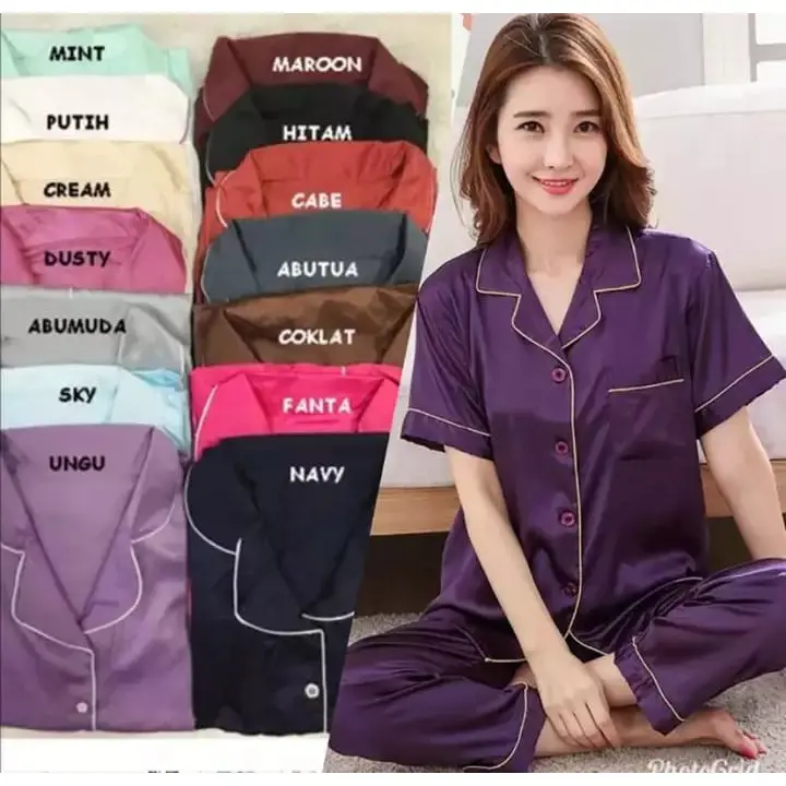 JNV Piyama CP Wanita Motif Satin Velvet / Polos - Baju Tidur Satin Lengan Pendek - Bahan Satin Velvet