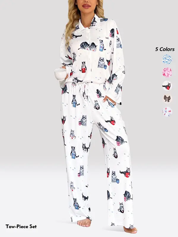 Women's All Over Print Lapel Neck Pajama Two-piece Set, Long Sleeve Button Top & Pants PJ Set, Casual Comfy Pyjama Set for Women, Loungewear 3