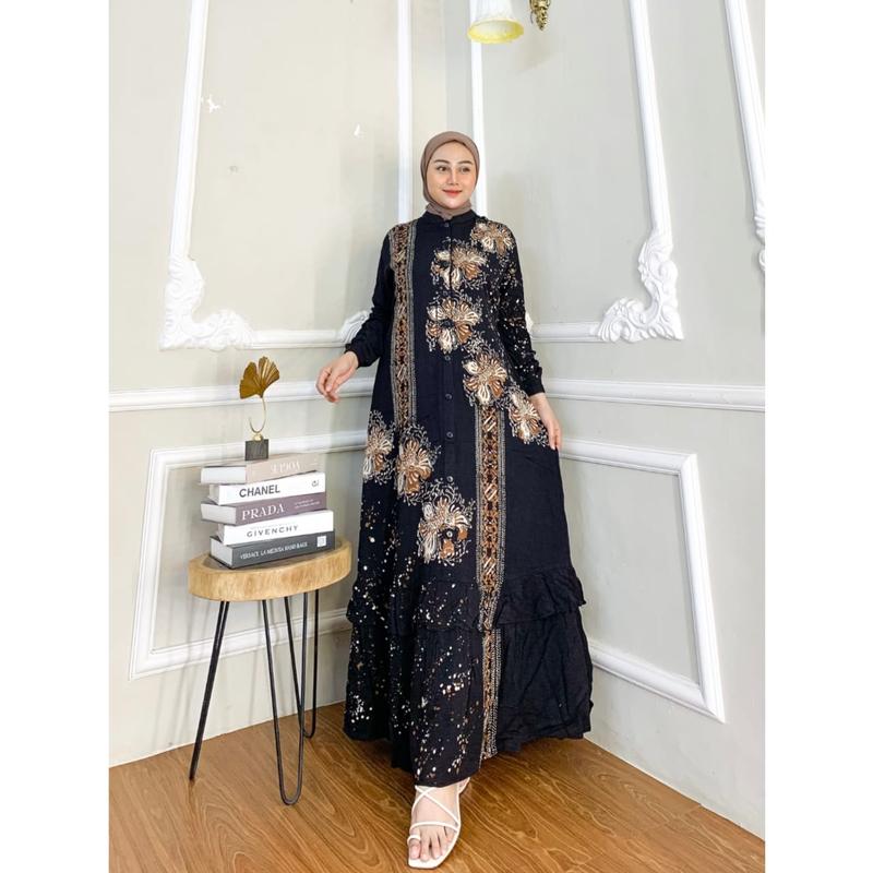 Naya Batik -  Gamis Twill Ori Motif Garis Cap Malaman Bukan Sablon Dress Muslim Wanita Motif Baladewa Hitam Lengan Karet Rempel Bawah Full Kancing Tali Samping Katun Rayon Putih 3