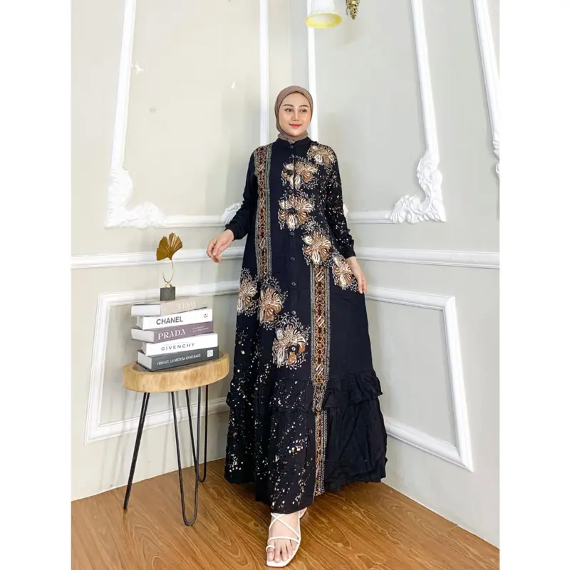 Naya Batik -  Gamis Twill Ori Motif Garis Cap Malaman Bukan Sablon Dress Muslim Wanita Motif Baladewa Hitam Lengan Karet Rempel Bawah Full Kancing Tali Samping Katun Rayon Putih 2
