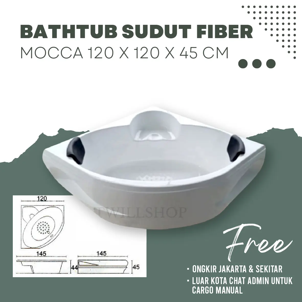 Bathtub Sudut Mocca Fiber include Afur Plastik 120x120x45cm