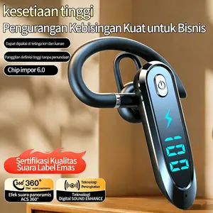Headset Telinga Tunggal dengan Mikrofon Bluetooth 6.0 Earphone Peredam Kebisingan Speaker Mini Tahan Air Tampilan LED Bebas Genggam Waktu Siaga Panjang