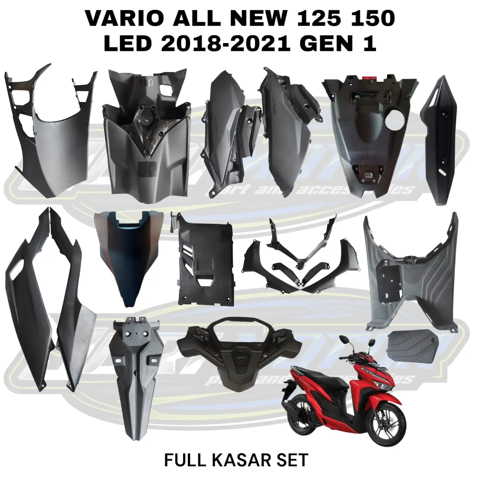 Paketan Body Kasar Honda Vario 125 150 Led New Tahun 2018-2021 Paruh Paru Dek Lumpur Legshield Kunci Sambungan Body Spakbor Fender B Tutup Knalpot Dek RL Kiri Kanan Cover Mesin Spakbor Fender A Garnis Dek Kolong Batok Belakang Dek Injakan Motor Motorcycle
