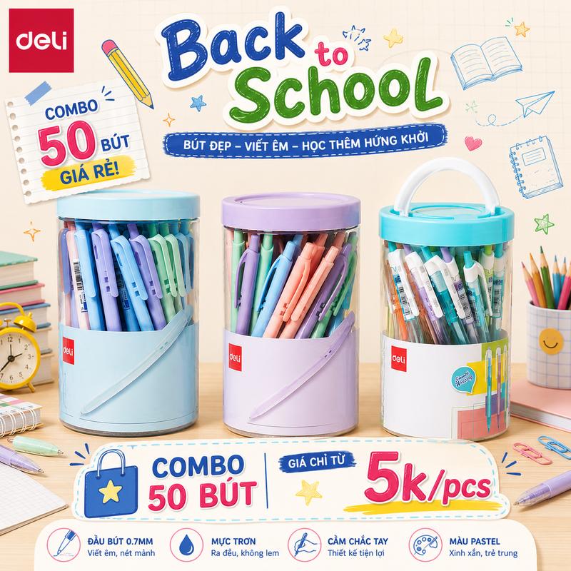 [GIÁ SHOCK] Hộp 50 cây bút bi màu pastel Deli - Combo 50 bút bấm ngòi 0.7mm mực xanh/ đen nhiều màu giá rẻ - phù hợp học sinh, văn phòng